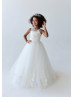 Ivory Lace Tulle Sheer Back Floor Length Flower Girl Dress